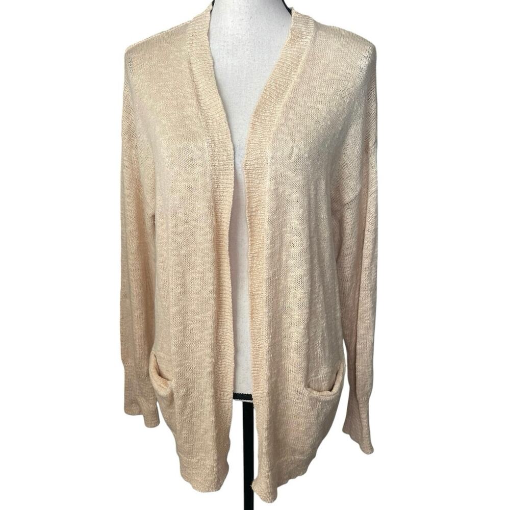 Roxy Beachy Boho Knit Pockets Open Front Cardigan XL Beige Slouchy Coastal